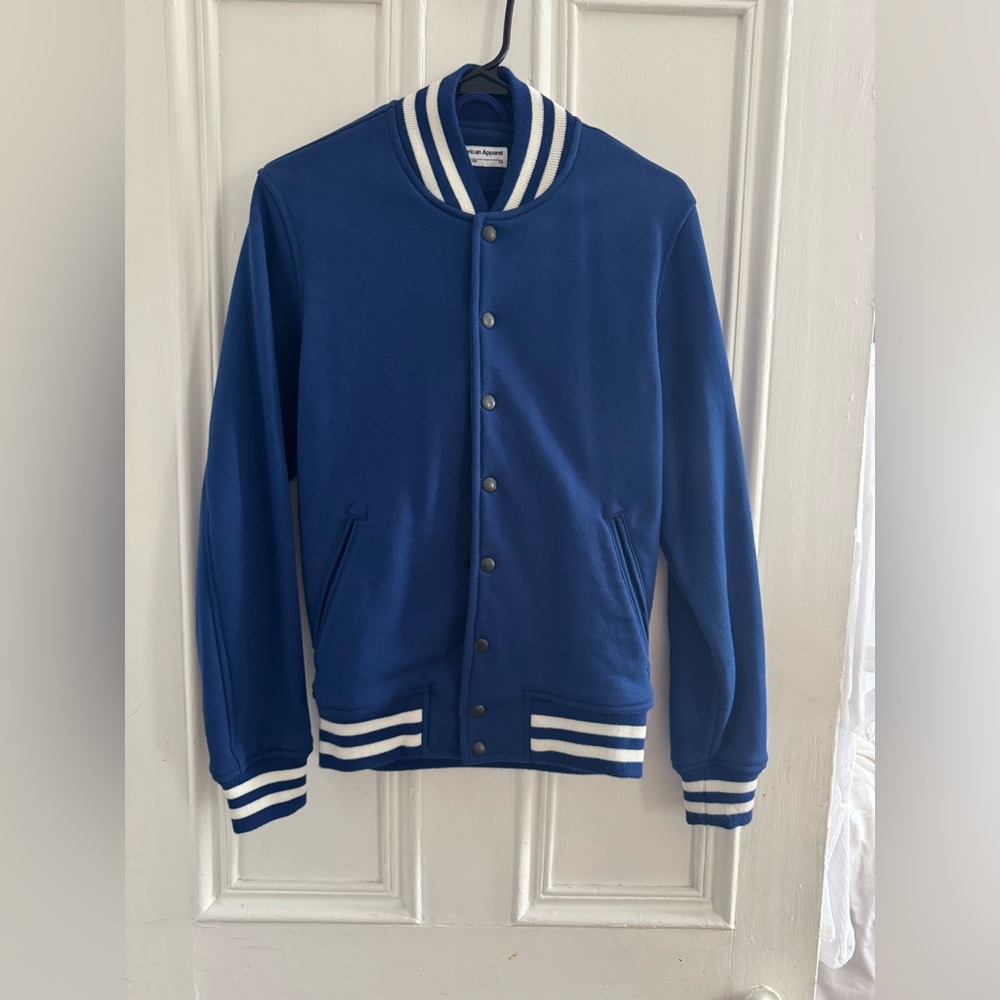 American Apparel Blue and White Bomber Jacket with Sporty Design